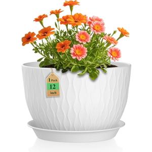 12 Inch Large Plant Pots for Indoor or Outdoor Plants, Wide Water Ripples Flower Pots with Drainage Holes & Saucer, Plastic Planters Set for Garden & Home Decor (White)