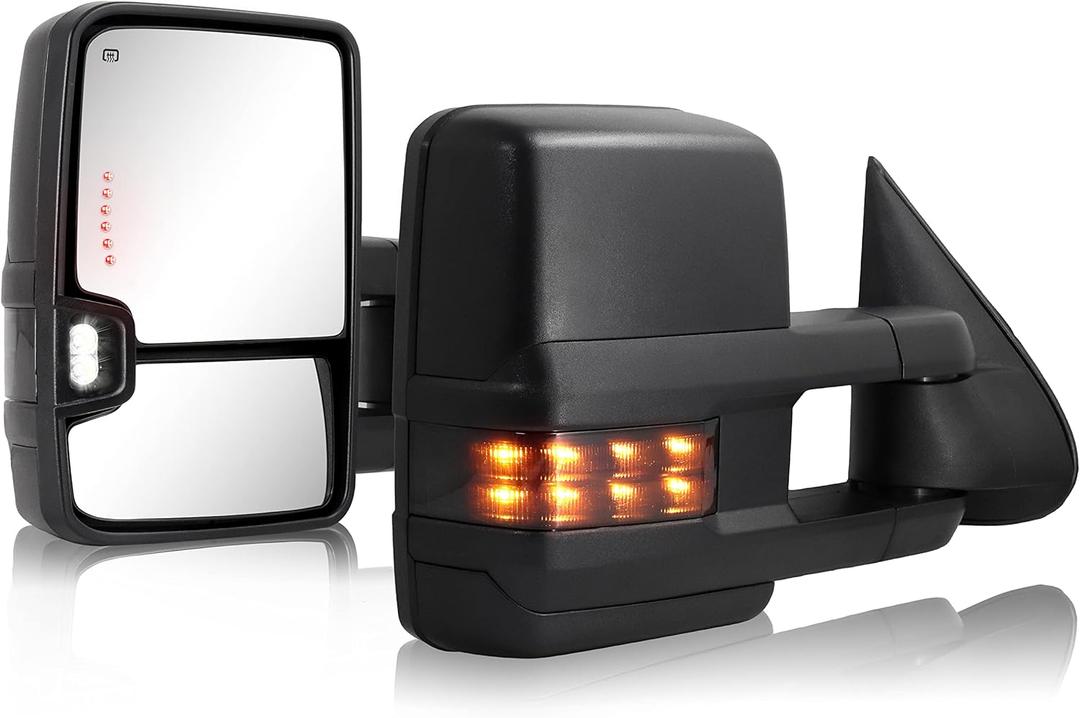 HF autoparts Towing Mirrors Compatible with 2003-2007 Chevy Silverado, GMC Sierra Tow Mirrors, Pair Power Heated with Turn Signal Light Backup Lamp Extendable Pair Set (Unpainted)