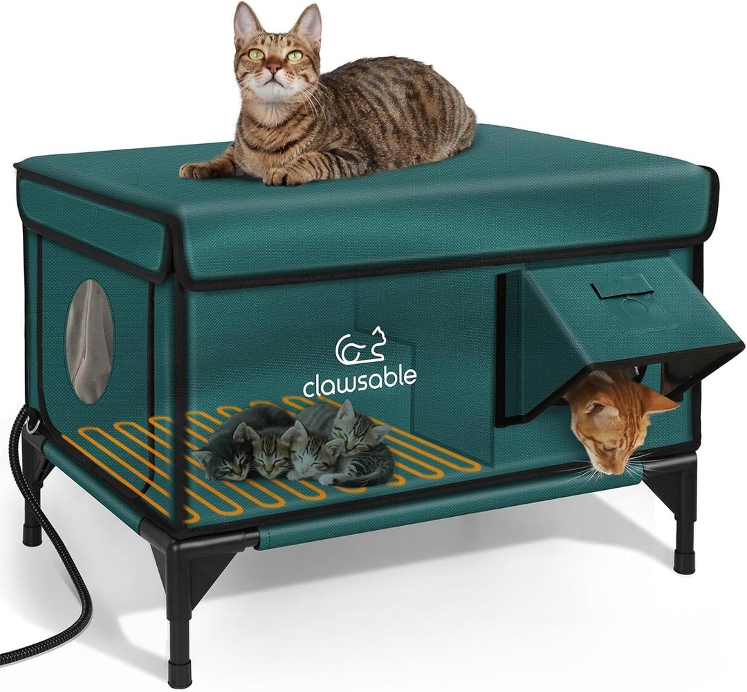 Indestructible Heated Cat House for Outside Winter, 100% Waterproof, Safe Escape Door, Insulated Outdoor Cat Shelter with Heater for Feral Barn Cat Kitty (Forest Green, 26"x16"x18")