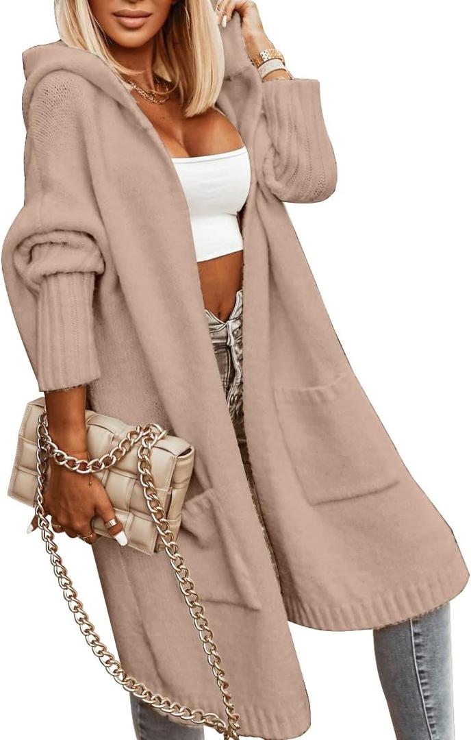 Aoysky Womens Long Cardigans Cable Knitted Open Front Oversized Hooded Outerwear Sweater Coat (Medium, Apricot)