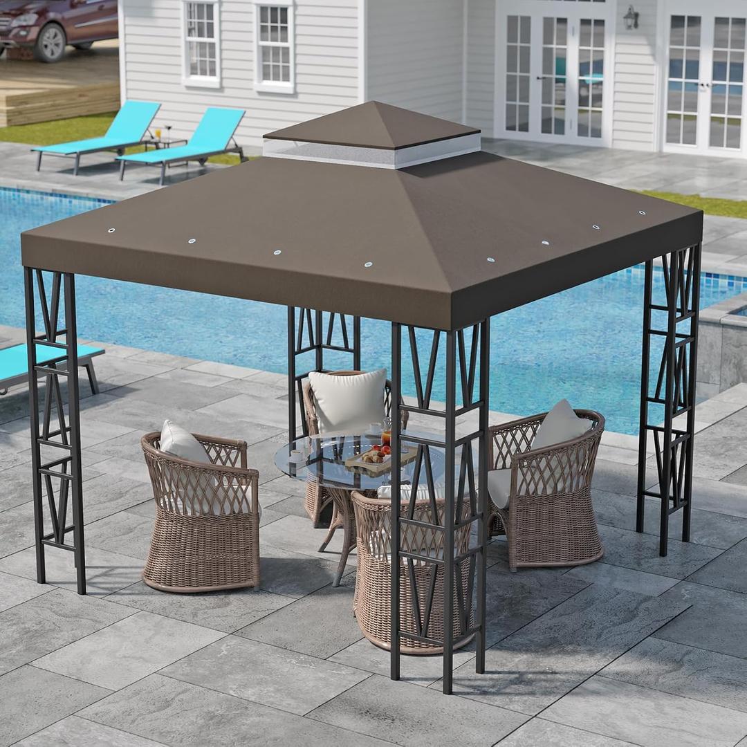 10x10 FT Gazebo Canopy Replacement Top - Durable Double Tier Shade Cover Cover for Yard Patio Garden, Waterproof UV Protection, Easy Install, Outdoor Event Party Shade Tent(Coffee)