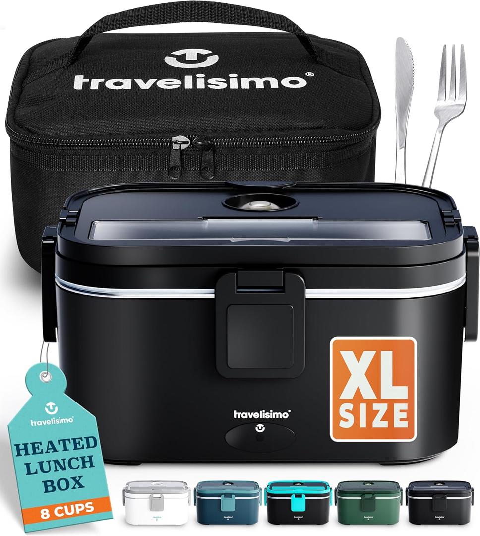 TRAVELISIMO Extra-Large Electric Lunch Box For Adults Holds up to 8 Cups - 100W Heated Lunch Box For Men 1.8L, Portable Food Warmer for Travel & Work, Loncheras Electricas Para Calentar Almuerzo, Black