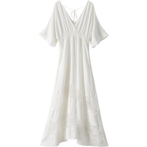 Olaesa Women's Lace Maxi Dress Short Sleeve V Neck Party Dress Smocked Waist Boho Maxi Dress Bohemian Dress for Women (Large, White)