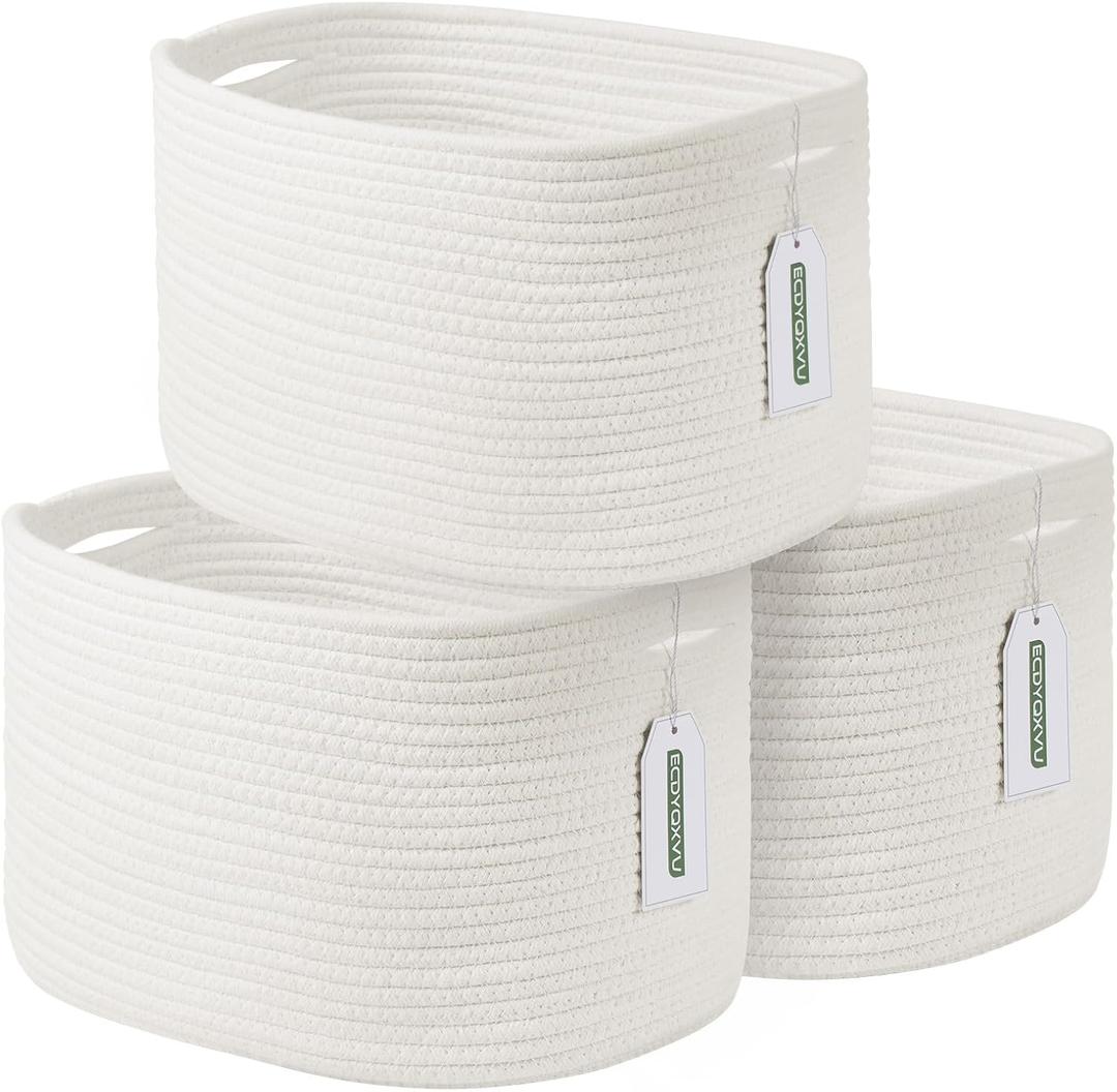 ECDYQXVU Cotton Rope Storage Basket, 15x10x9 Inches, Woven Basket for Shelves, Clothes, Towels, Books, and Laundry, White (3 Pack)