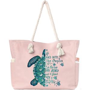 Beach Bags for Women Large Waterproof Beach Travel Tote Bags Sandproof Swim Pool Bag Canvas Zipper Big Tote (Sea Turtle,Pink)