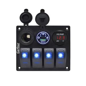 Marine Waterproof Boat Switch Panel Aluminium Panel with 12V Voltmeter Type-C and QC3.0 USB Charging Socket Rocker Witch Panel for Car Boat (Blue)