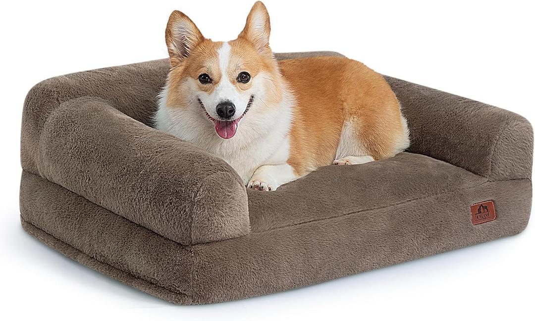 Hollypet Fluffy Plush Dog Cat Pet Couch Soft Calming Sofa Bed for Medium Small Cats and Dogs, Gray, 28"x21"x10" (Dark Brown)