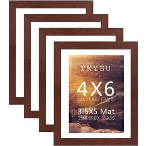 4x6 Picture frame with mat 3.5x5 Wine red frame Set of 4, Modern Style Wood Composite frames Tempered glass Table or wall -horizontal or vertical display picture frame for home decor best gift
