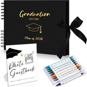 12 Pcs 2026 Graduation Guest Book with Photo Guest Book Sign, 80 Pages Scrapbook Photo Album with DIY Kit Dual Tip Metallic Pens for Party, Exclude Camera(Graduation Cap,Black,10.4 Inches)