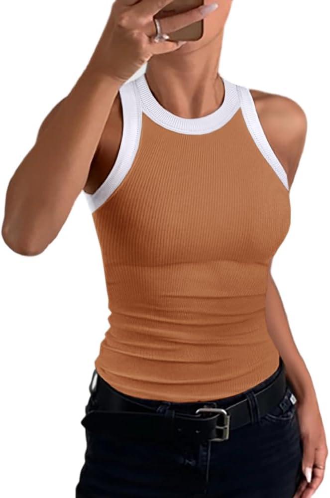 Tank Tops for Women Summer Sleeveless Round Neck Basic Cami Top Slim Knit Ribbed Racerback Blouses (Brown, XL)