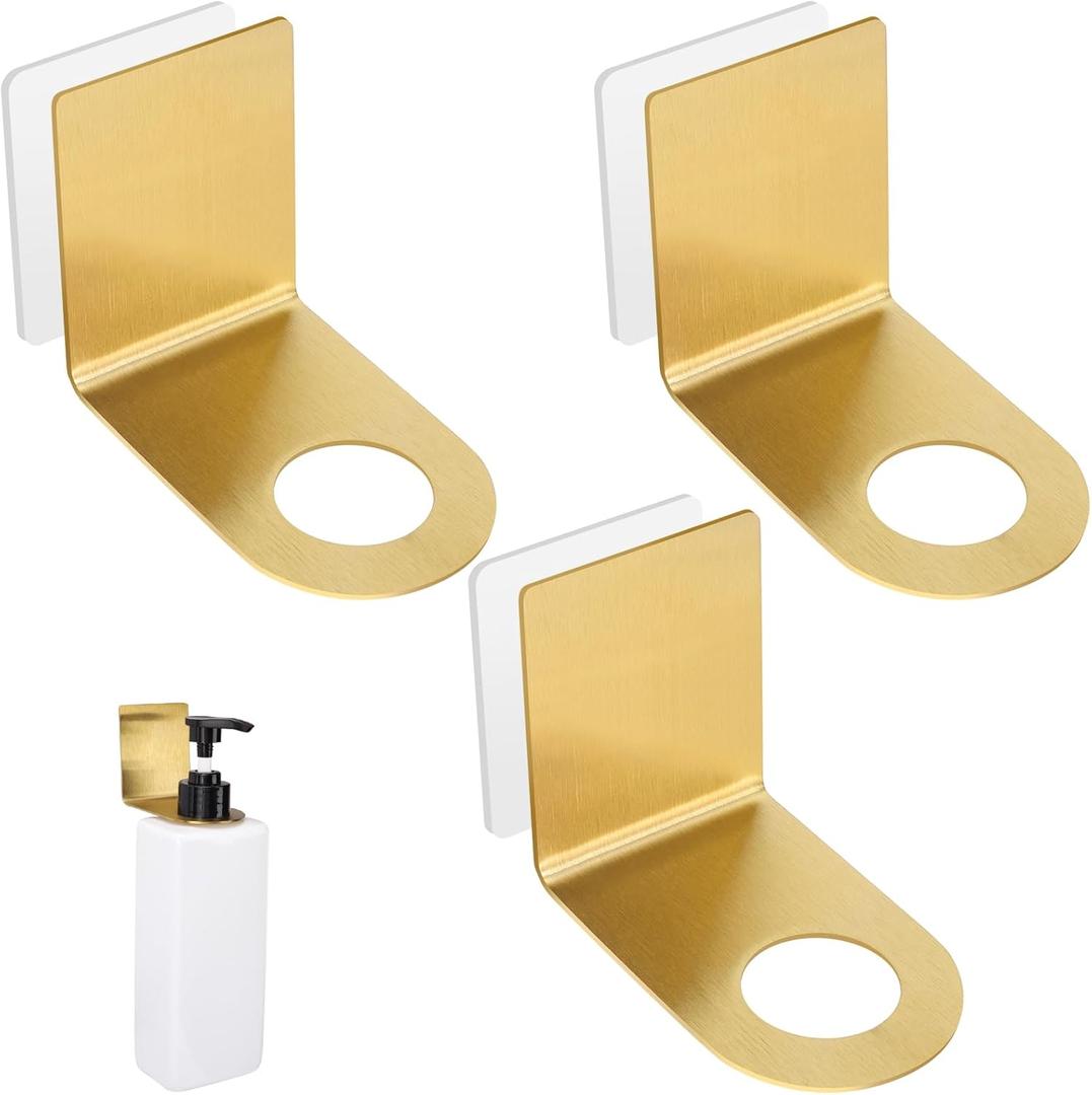 Segbeauty Non-Drilling Adhesive Bottle Holder, 3pcs Bathroom Bottle Dispenser Holder, Dia 1.1" 2.8cm Lotion bottle Wall Mount, Rustproof Shampoo Bottle Holder Wall Hanging Rack for Kitchen Toilet Gold