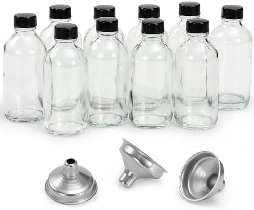10 Pack, 4 oz Small Clear Glass Bottles w/Lids & 3 Stainless Steel Funnel - 120ml Boston Round Sample Bottle for Potion, Juice, Ginger Shot, Wellness, Oils, Whiskey, Liquids - Leakproof Travel Bottle