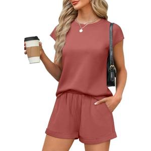 WIHOLL 2 Piece Sets for Women Casual Summer Travel Vacation Outfits Cap Sleeve Shorts Lounge Set, S