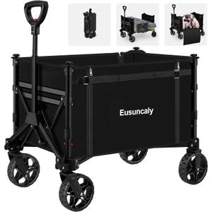 Collapsible Wagon with Wheels, Wagons Carts Foldable, Heavy Duty Folding Utility Cart for Grocery, Camping, Shopping, Sports, Garden, Fishing, Black