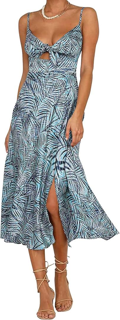 Fashionme Women Spaghetti Strap Midi Satin Dresses Tie Front Backless Split Hollow Dress (Small, B-light Blue)