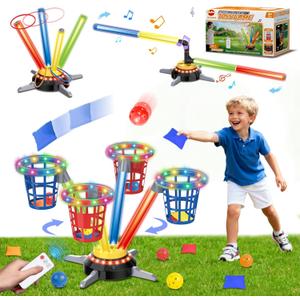 VATOS 3 in 1 Bean Bag & Ring Toss Game, Musical Jumping for Kids, Electric Spinning Base with Remote, Lights, 12 Sandbags, 12 Tossing Rings, 12 Balls, Indoor Outdoor Backyard Sport Toy for Boy Girl 3+