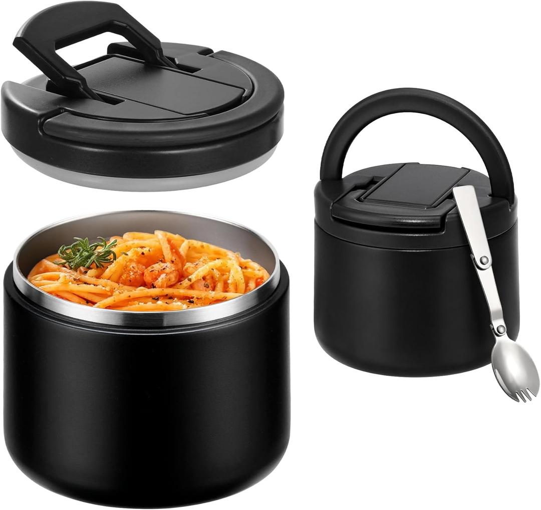 Itslife Soup Thermo for Hot Food Kids 14oz Lunch Containers with Buckle Lid Wide Mouth Hot Food Jar Vacuum Insulated Stainless Steel Bento Box Leakproof with Spoon(Black)