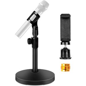 BILIONE Mic Stand Desk with Microphone and Cell Phone Clip, Upgraded Weighted Base, Adjustable Height, Condenser, Podcast, Mike Accessories, 5/8" Male to 3/8" Female Metal Adapter