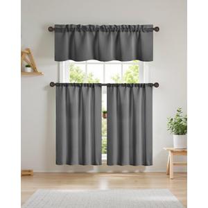 Easy Home 3 Piece Solid Color Blackout Window Curtain Set with Tiers and Valance Rod Pocket Thermal Privacy Curtain Tiers for Kitchen, Living Room, Bathroom Shades, W27 x L36 Inch,(Dark Gray)