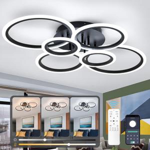 Modern Ceiling Light, 6 Rings Black Dimmable Flush Mount Ceiling Light with Remote, Acrylic Close to Ceiling Lighting Fixture for Living Room Dining Room Bedroom Kitchen (Black, 6 Heads)
