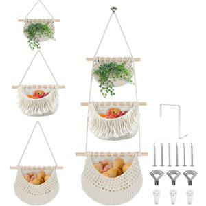 Hanging Baskets for Organizing, 3 Tier Detachable Wall Hanging Fruit Basket Over the Door Organizer for Fruit Vegetable Plant, Beige Boho Cotton Crocheted Fruit Holder for Kitchen Bathroom Bedroom