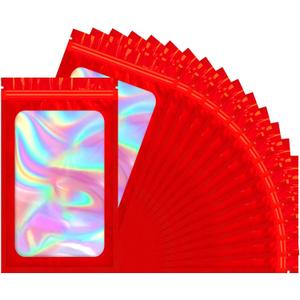 100 PCS Mylar Holographic Bags, Clear Resealable Bags, Scent Proof Bag, Bracelet Bag, Valentines Day Decorations Gift Baggies for Lipgloss, Eyelash, Jewelry Packaging | Red, 5.5x7.9 Inch