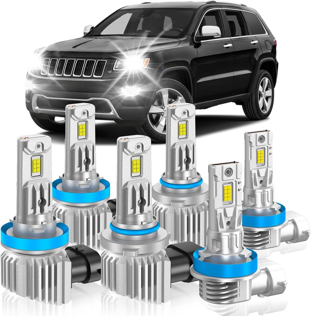Fit for Jeep 2014-2017 Grand Cherokee Light Bulbs, High/Low Beam Fog Light Bulbs Combo, 800% Brightness CSP Chips, 6000K White, Efficient Heat Dissipation, Pack of 6