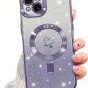NITITOP Compatible with iPhone 15 Case Cute Clear Glitter [Compatible for MagSafe] Plating Heart Sparkle Bling Magnetic Girl Women Electroplated Frame Camera Protection Back Cover - Purple