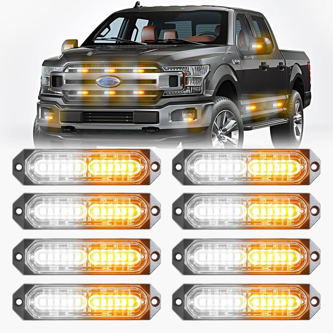 BooYu Amber/White LED Surface Mount Emergency Strobe Flashing Lights for Trucks Vehicles Car, Ultra Slim Sync Feature Hazard Warning Beacon Grille Light Bar for Firefighter/Construction/Police (8 Pcs) (01-Amber/White)