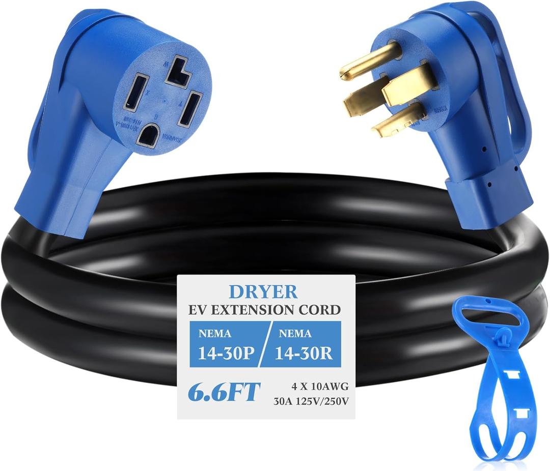 Kanayu 6.6 FT 4 Prong Dryer/EV Extension Cord 30 Amp NEMA 14-30P to 14-30R for Level 2 EV Charging and Dryer Power Flexible Cable STW 10 Gauge Cord with Grip Handle ETL Listed (Blue and Black)