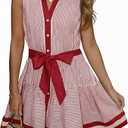 Wenrine Womens Summer Button Down Shirt Dresses Sleeveless Collared V Neck Striped Tie Waist Mini Dress with Pockets M