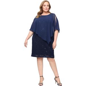 S.L. Fashions Women's Short Sequin Lace Beaded Capelet Overlay Dress (Blue) 18W