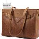 LOVEVOOK Laptop Tote Bag for Women Work, Teacher Tote Bag with Large Cup Holder, 15.6 Inch Waterproof Leather Computer Bag (Brown-print)