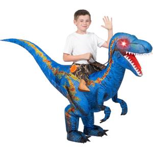 Spooktacular Creations Kids Halloween Raptor Inflatable Costume, LED Eyes Ride Raptor Dinosaur Blow Up for Halloween Party (Small, Blue)