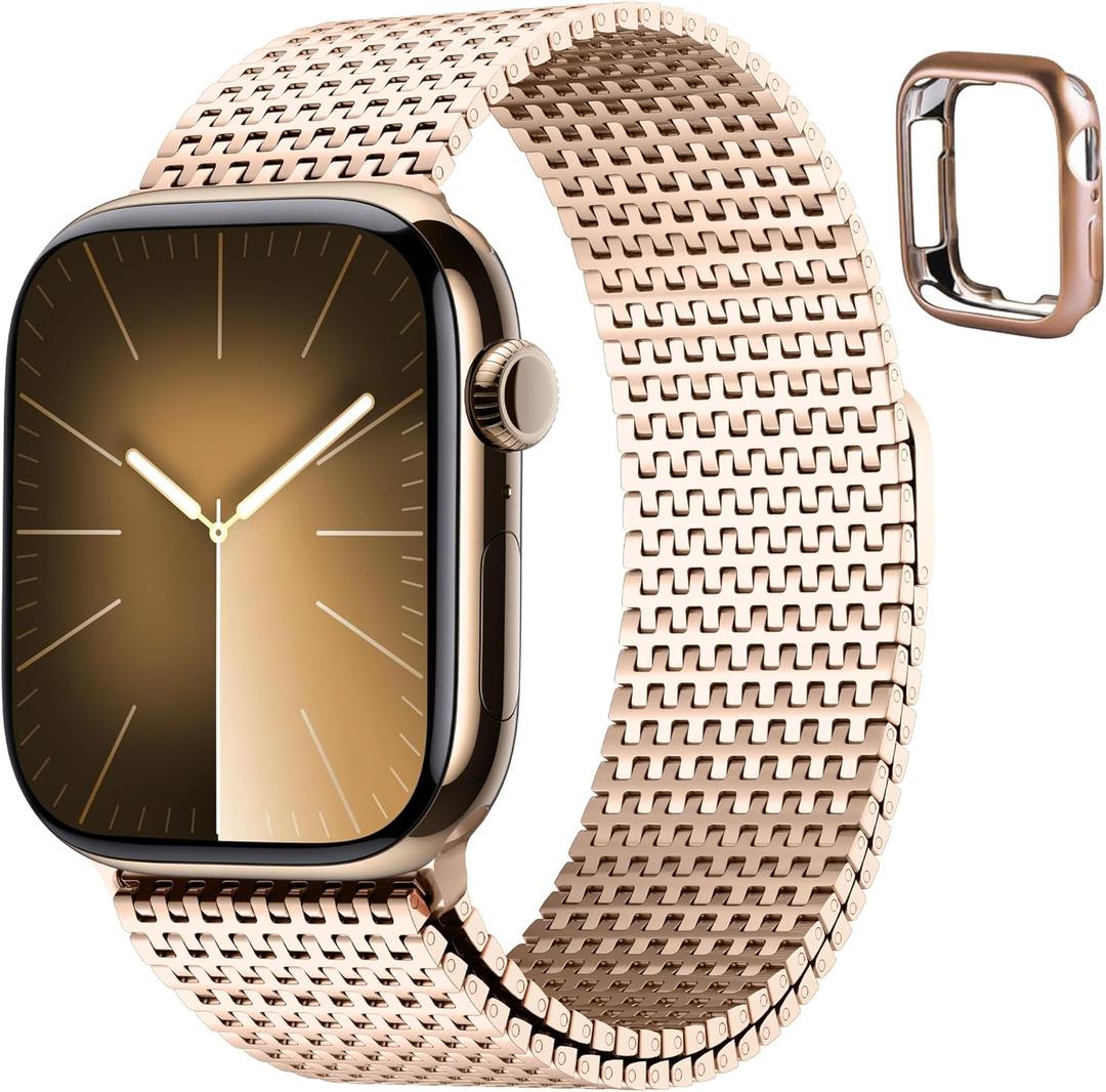 Fullmosa Compatible with Apple Watch Bands 42mm Series 11 10 for Women Men, Stainless Steel Mesh Loop Magnetic Clasp iWatch Band with TPU Case for Apple Watch, Rose Gold