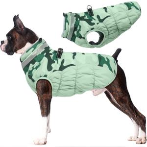 Lelepet Warm Dog Winter Coat Dog Coats for Large Dogs Waterproof Dogs Jacket with Harness Built in Reflective Cold Weather Coats Zip-Up Winter Fleece Vest Snowsuit Boston Terrier Mint Green Camo Large