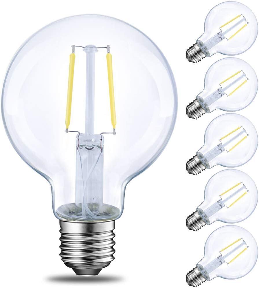 E ENERGETIC LIGHTING LED Globe G25 Dimmable Edison Light Bulb, 40 Watt Equivalent, 5000K,350LM, E26 Medium Screw Base, Christmas Light, G80 LED Edison Light Bulb, ETL Listed, 6-Pack