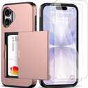 for iPhone 17 Wallet Case with Card Holder + 2 Tempered Glass Screen Protector Protective Shockproof Hidden Card Slot Slim Case Women Men for iPhone 17 6.3(Rose Gold)