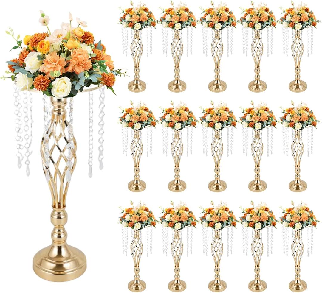 15 Pcs 19.3 Inches Tall Crystal Flower Stand Wedding Road Lead Metal Flower Holders Centerpiece for Wedding Party Crystal Flower Chandelier Metal Flower Vase for Reception Tables Wedding Supplies