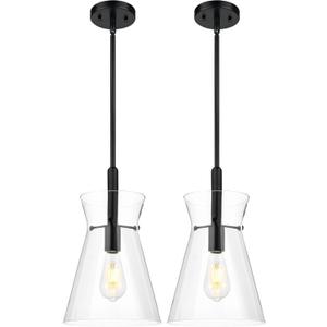 Emak 9 Inch Black Pendant Light, 2 Pack Large Pendant Lights Kitchen Island with Clear Glass Shade, Modern Farmhouse Hanging Light Fixture for Kitchen, Dining Room, Bathroom, PL130-BK-CG-2PK