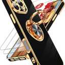 LeYi for iPhone 16 Pro Max Case: with 2 Pack Tempered Glass Screen Protector and 360° Rotatable Ring Holder Magnetic Kickstand, Plating Rose Gold Edge for iPhone 16 Pro Max Case, Black
