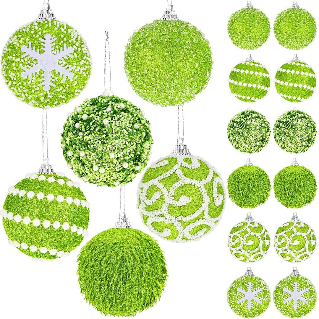 Syhood 12 Pcs 2.4 Inch Lime Green Christmas Ball Ornament Set Shatterproof Xmas Ornament Glitter Foam Christmas Balls Decorative Hanging Tree Decoration for Home Party Supplies Fireplace Wall Decor