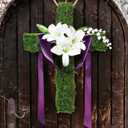 Easter Wreath for Front Door Easter Cross Door Sign Religious He is Risen Hanging Decor Christian Jesus Lily Flowers Wreath Hanger with Ribbon for Spring Holiday Farmhouse Porch Wall Decor Purple