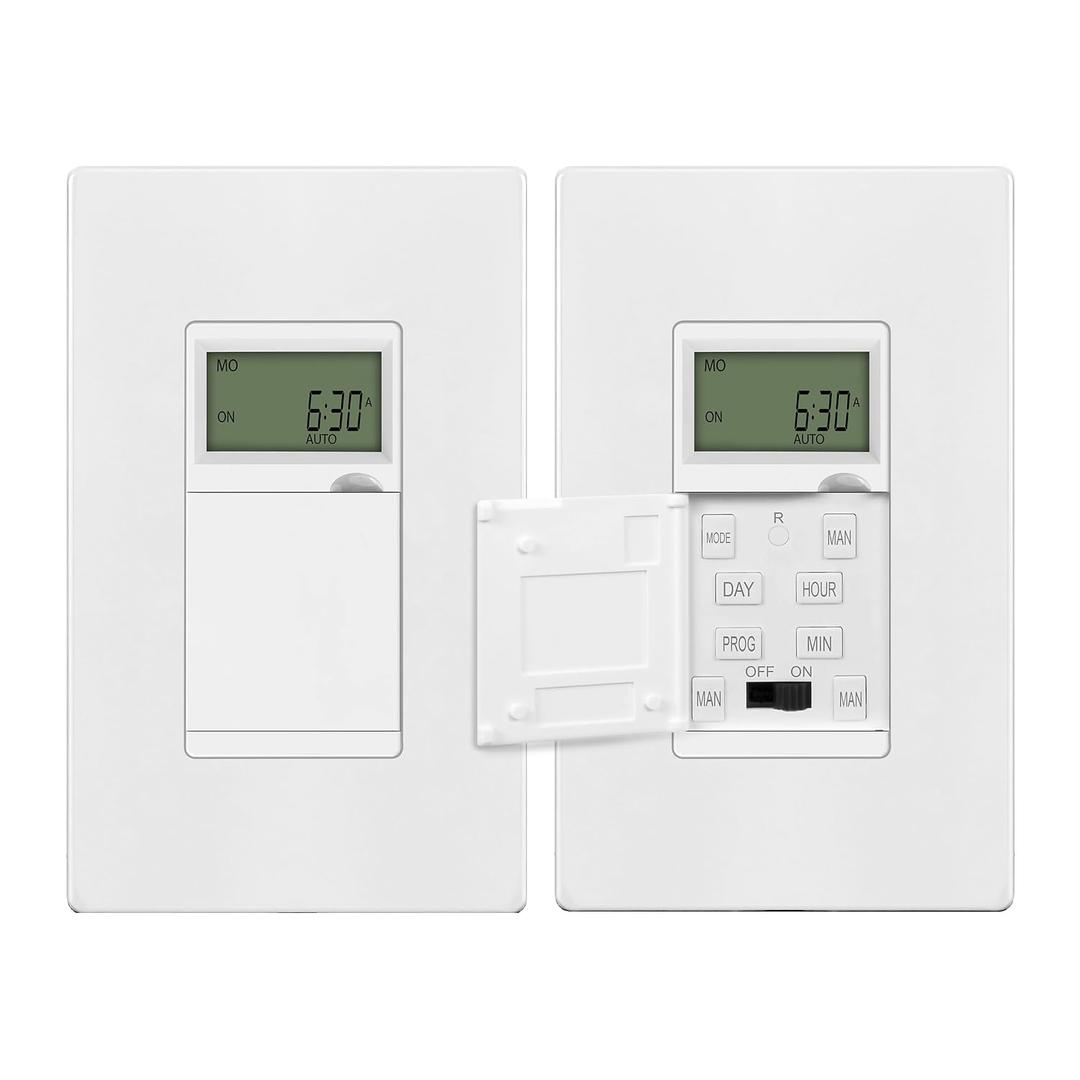 ENERLITES Programmable Digital Timer Switch for Lights, Fans, Motors, 7-Day 18 ON/OFF Timer Settings, Single Pole, Neutral Wire Required, UL Listed, HET01-C, White, 2 Pack