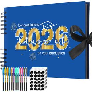 Dunzoom 80 Pages Graduation Scrapbook Kit 11 x 8 Inch Photo Album of 2026 Graduation Decoration with 12 Metal Pens and 4 Sheets Stickers for DIY School Congrats Grad Memory Book to Sign(Blue)