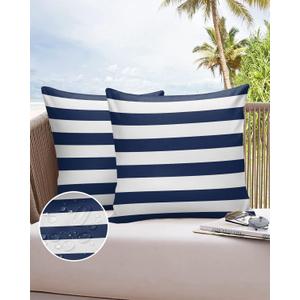 Outdoor Throw Pillow Cover Simple Navy Blue White Stripes Waterproof Cushion Covers 2 Pack Nautical Theme Stripe Pillow Cases Home Decoration for Patio Garden Couch Sofa 16x16 In White/Blue