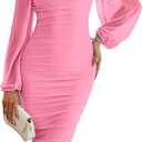 MEROKEETY Women's Long Sleeve Wedding Guest Formal Dress Fall Winter Ruched Bodycon Mesh Cocktail Party Midi Dresses (X-Large, Pink)