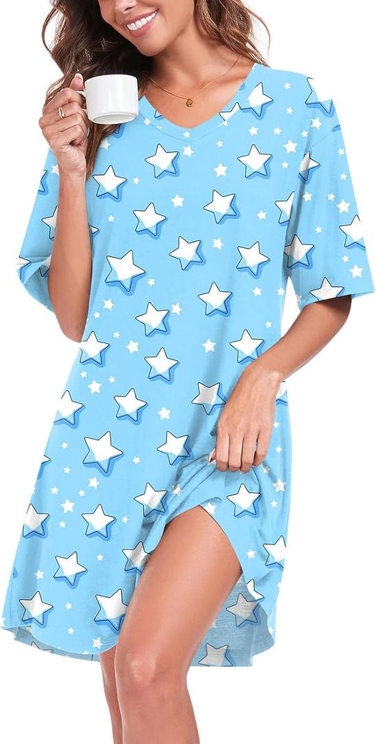 Women's Blue Stars Nightgown Short Sleeve V Neck Nightshirt Casual Sleepwear Lounge Wear Dress, L (Blue, L)
