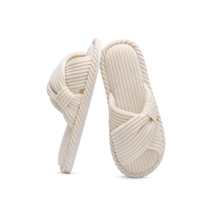 Evshine Summer House Slippers for Women Corduroy Cross Bow Indoor Slippers Open Toe Slip On Bedroom Shoes with Memory Foam 270mm