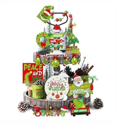 19 Pcs Christmas Tiered Tray Decor Set Lime Green Red Tray Decorations Merry Christmas Decor Items Santa Candy Wooden Sign Xmas Table Centerpieces Decorations for Home Shelf Party